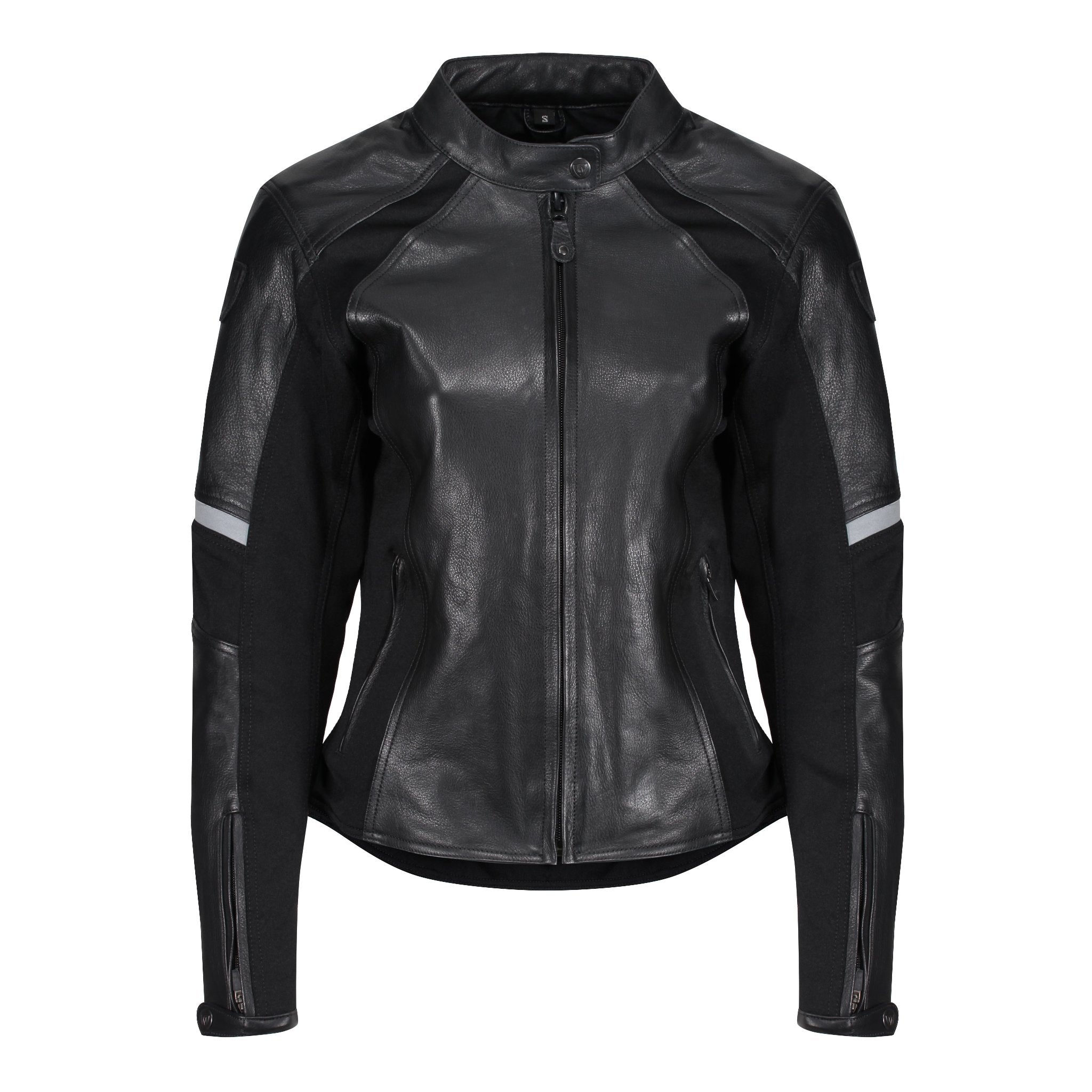 Black leather women's motorcycle jacket with reflectors on the sleeves from Moto Girl 