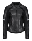 Black leather women's motorcycle jacket with reflectors on the sleeves from Moto Girl 