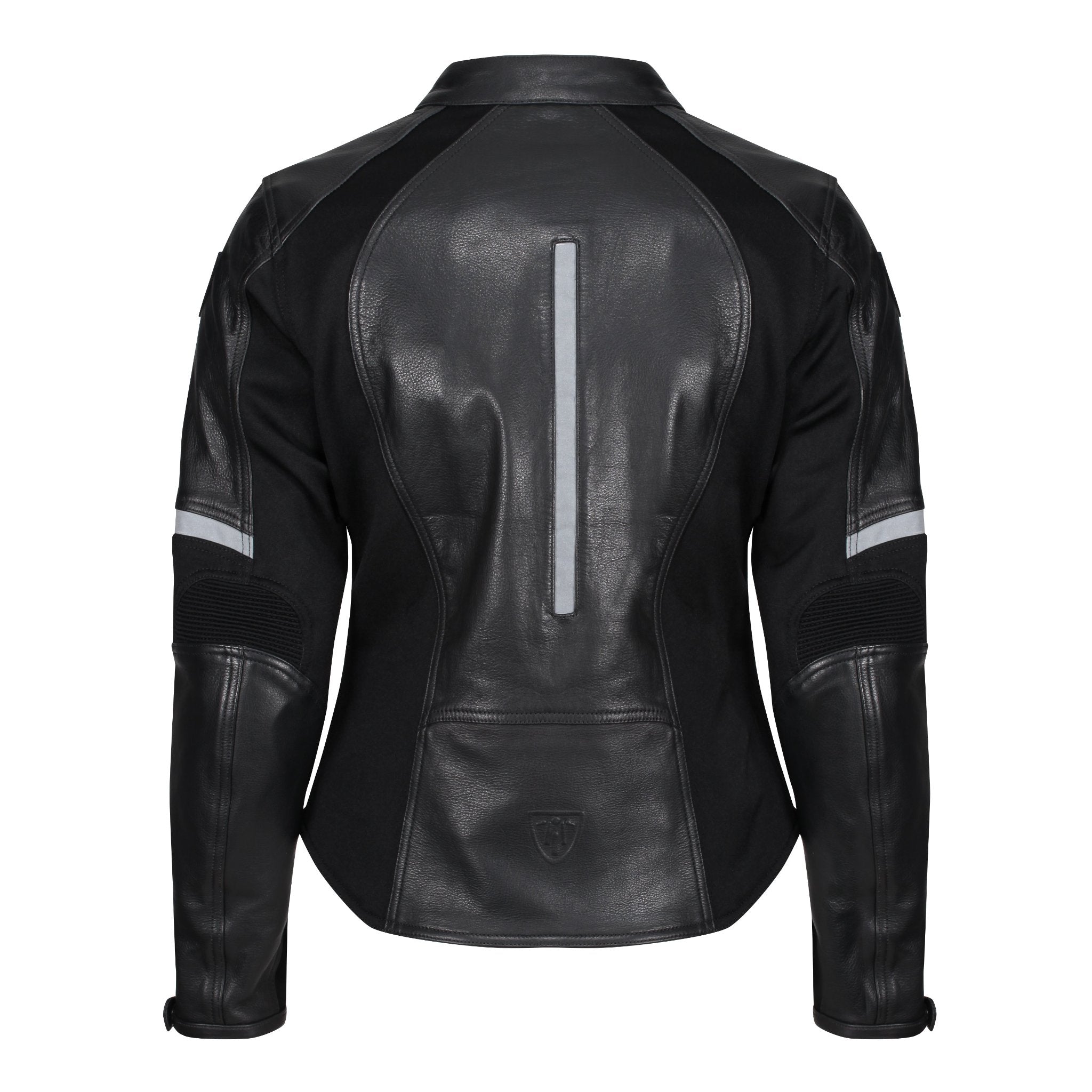 The back of a black leather women's motorcycle jacket with reflectors on the back and sleeves from Moto Girl