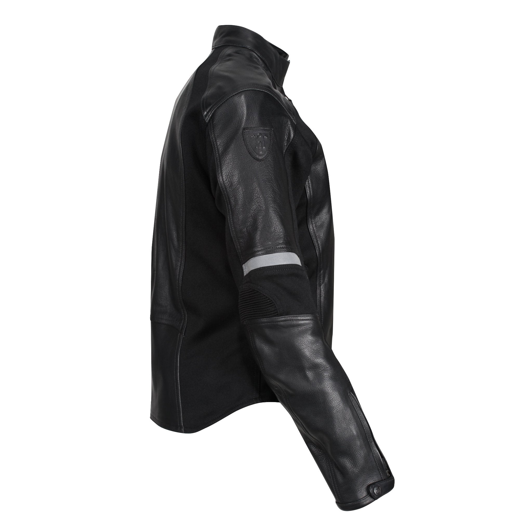 The side of Black leather women&#39;s motorcycle jacket with reflectors on the sleeves from Moto Girl 