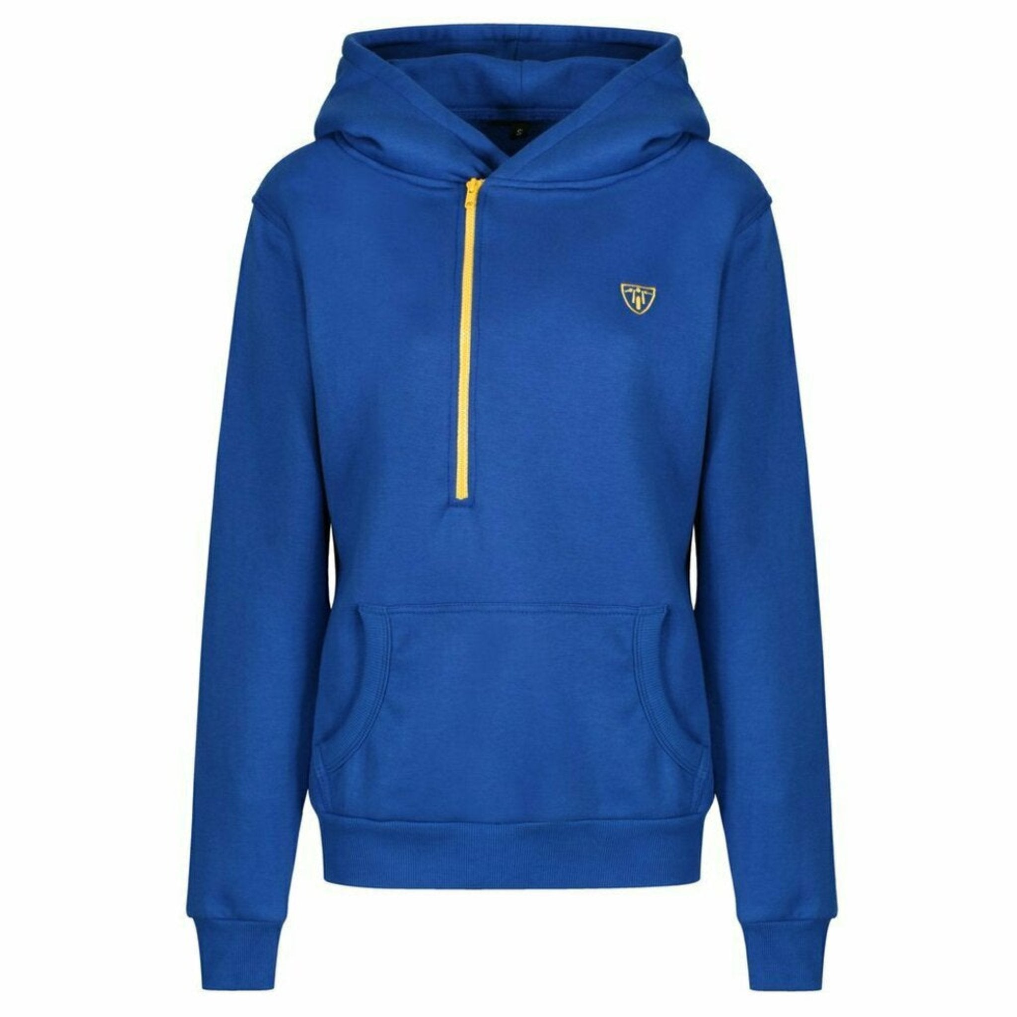 Blue and yellow motorcycle helmet hoodie from Moto Girl from front  zipped up