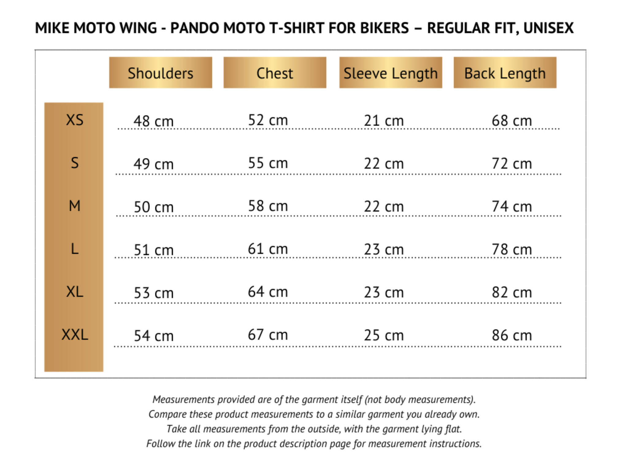 Size chart for Pando Moto female motorcycle t-shirt