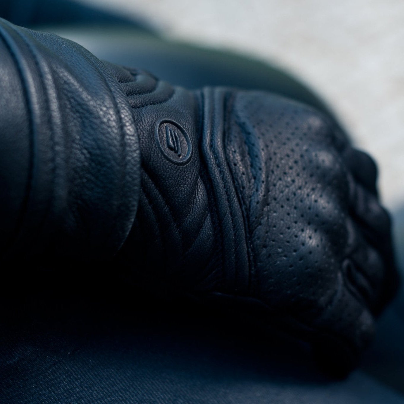 Black leather female motorcycle glove from Shima close up