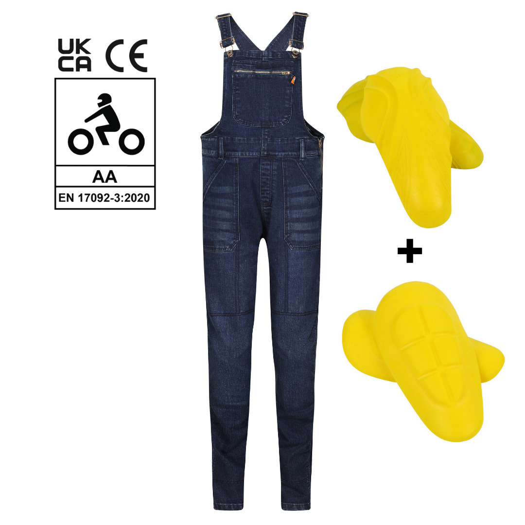 Blue women&#39;s motorcycle overall from Moto Girl with yellow protectors