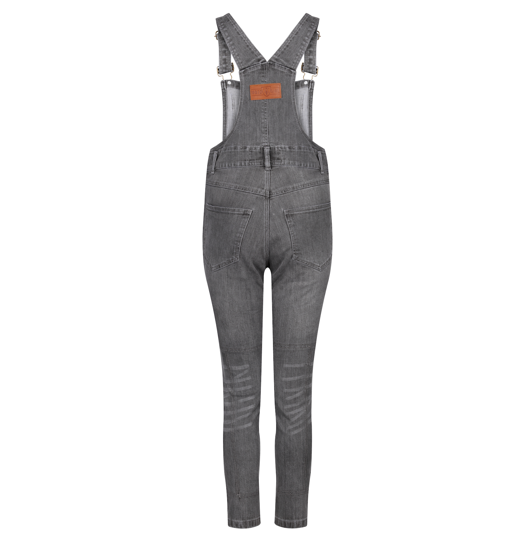 The back of grey women&#39;s motorcycle overall from Moto Girl