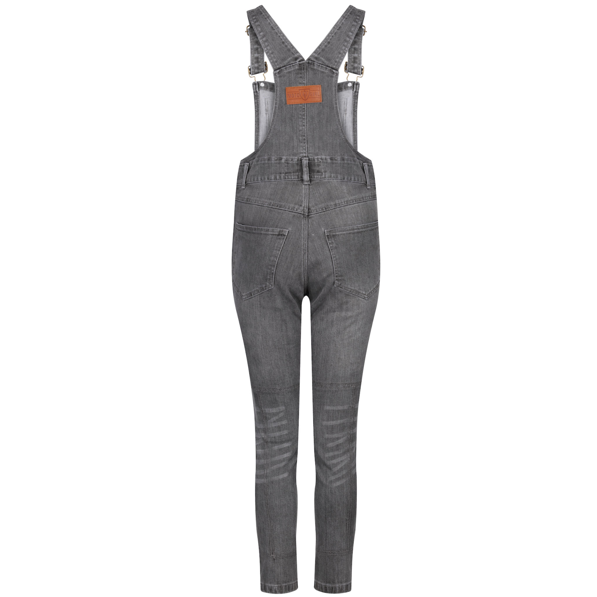 The back of grey women&#39;s motorcycle overall from Moto Girl