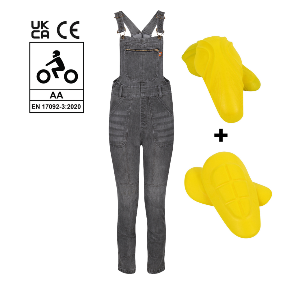  grey women&#39;s motorcycle overall from Moto Girl with yellow protectors