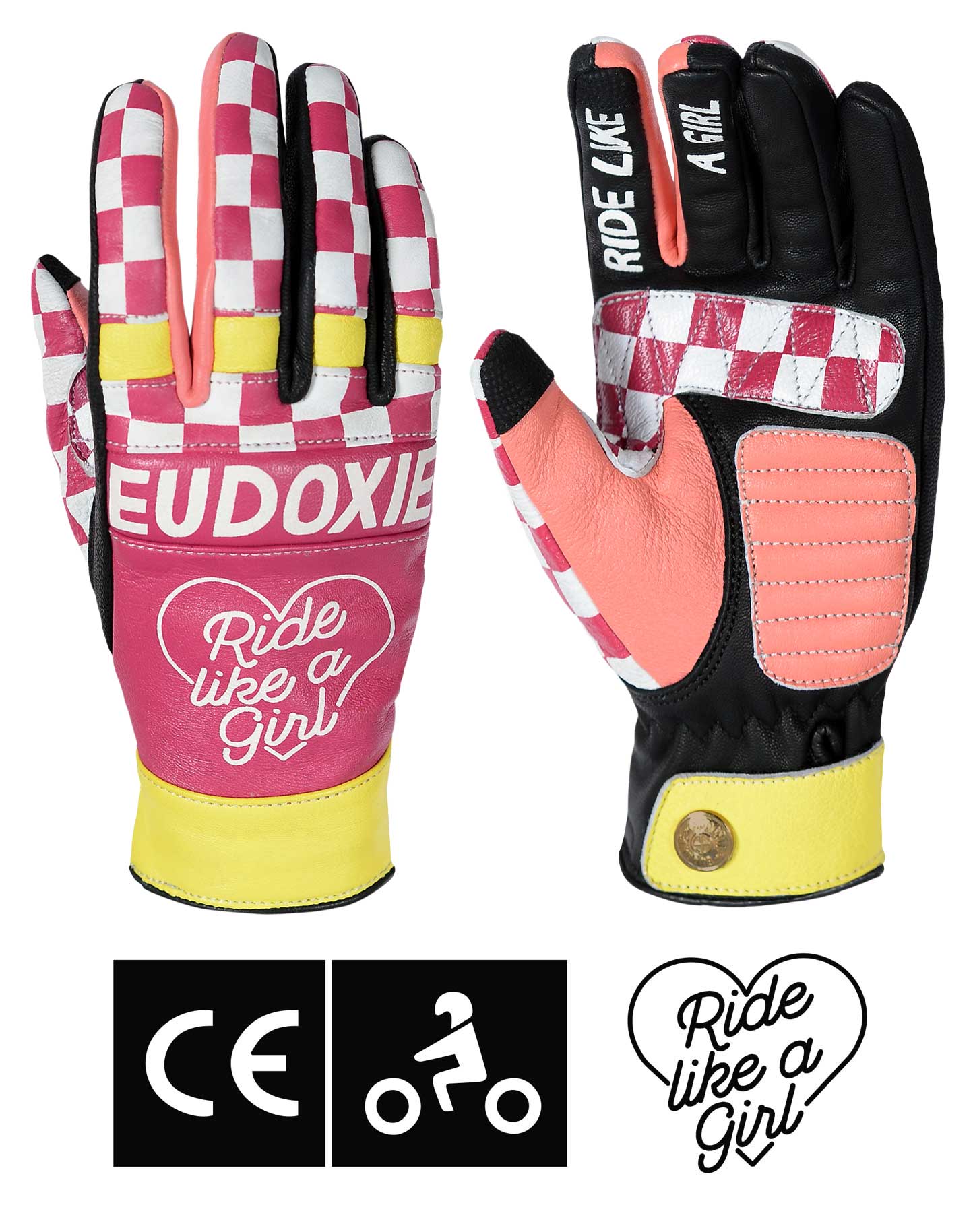 Ride like a Girl pink, black and yellow women&#39;s motorcycle gloves from eudoxie