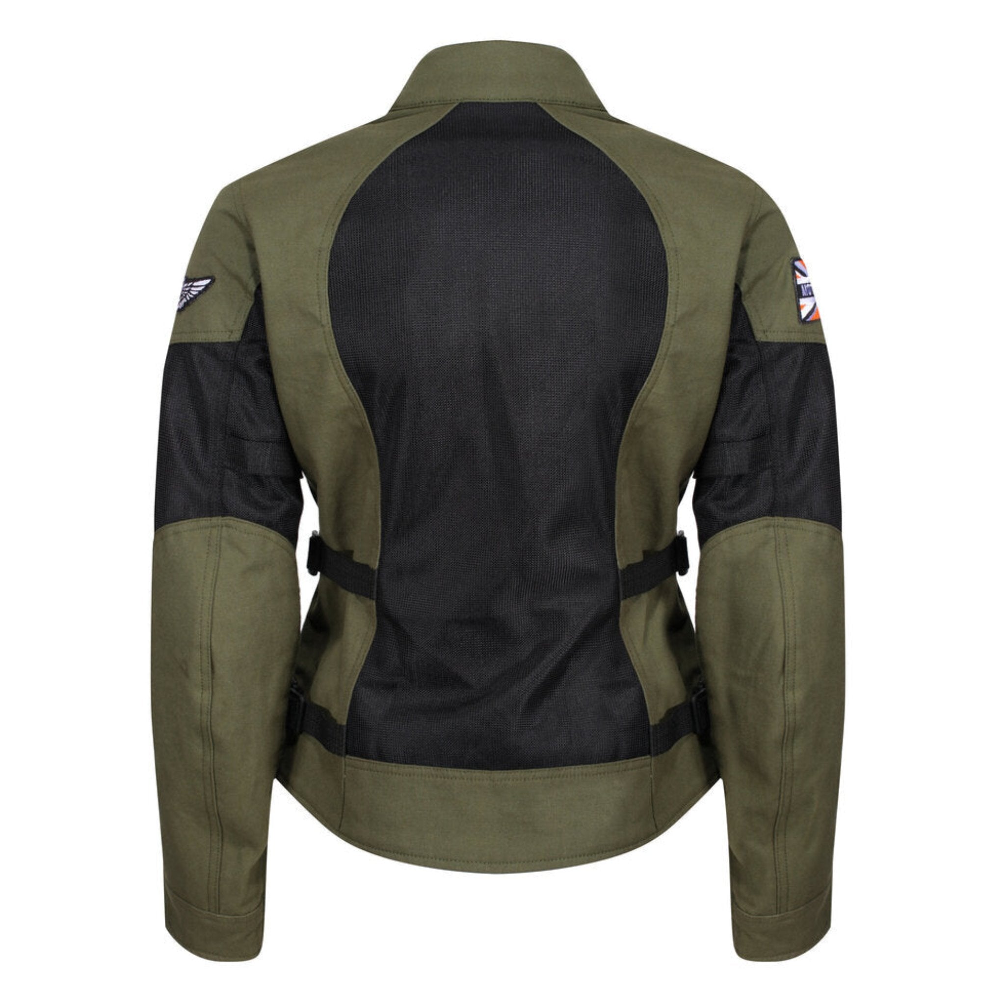 The back of Women's motorcycle summer mesh jacket in black and green from Moto Girl