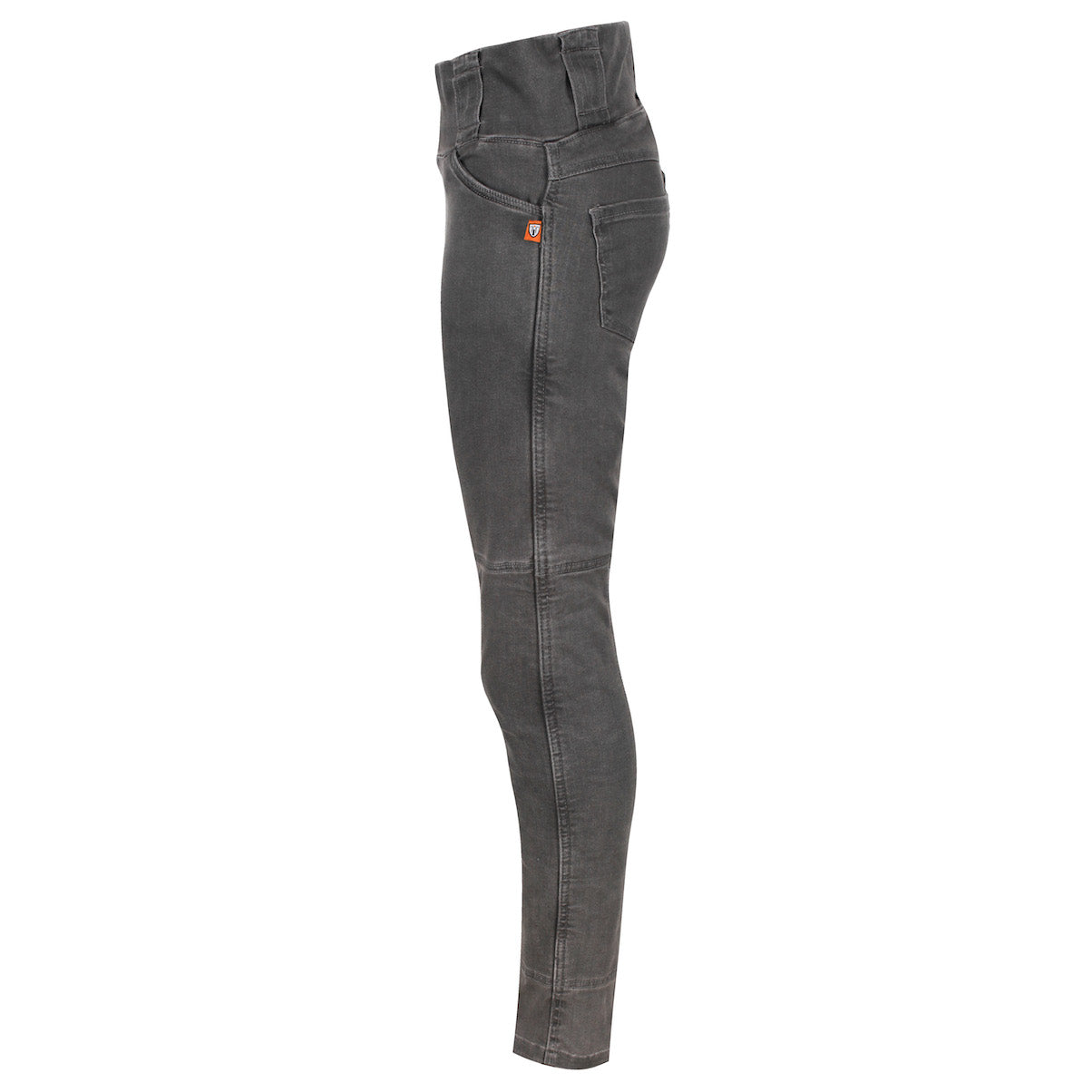 Grey MotoGirl female motorcycle jeggings with high waste from the side