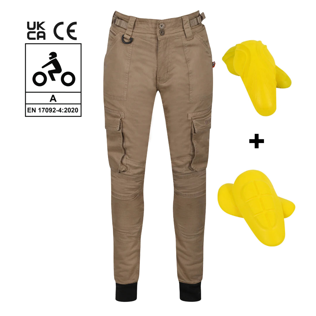 A close up of the pockets on beige women&#39;s motorcycle cargo pants with yellow impact protectors from mOTO gIRL 