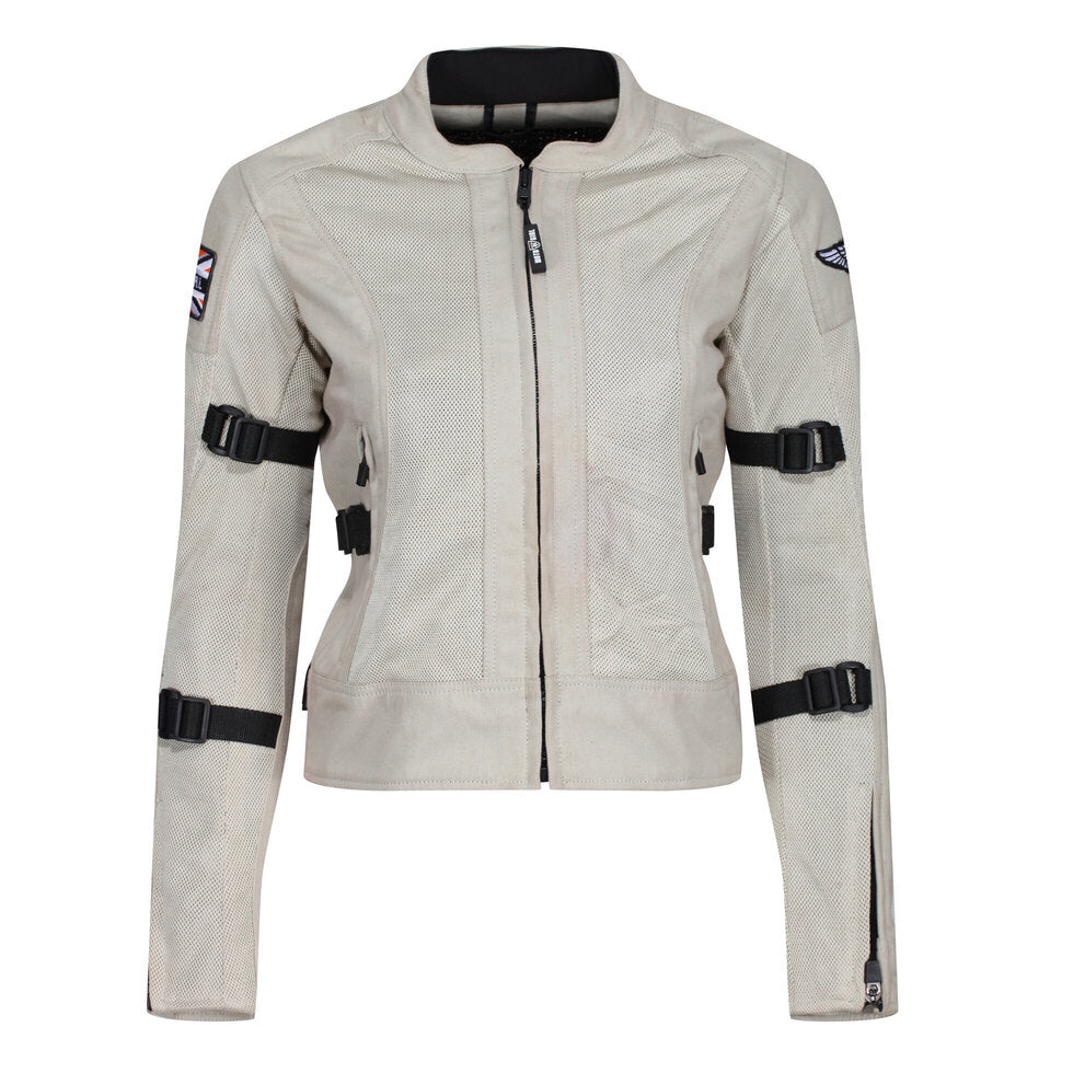 The front of white women&#39;s summer mesh motorcycle jacket from Moto Girl 