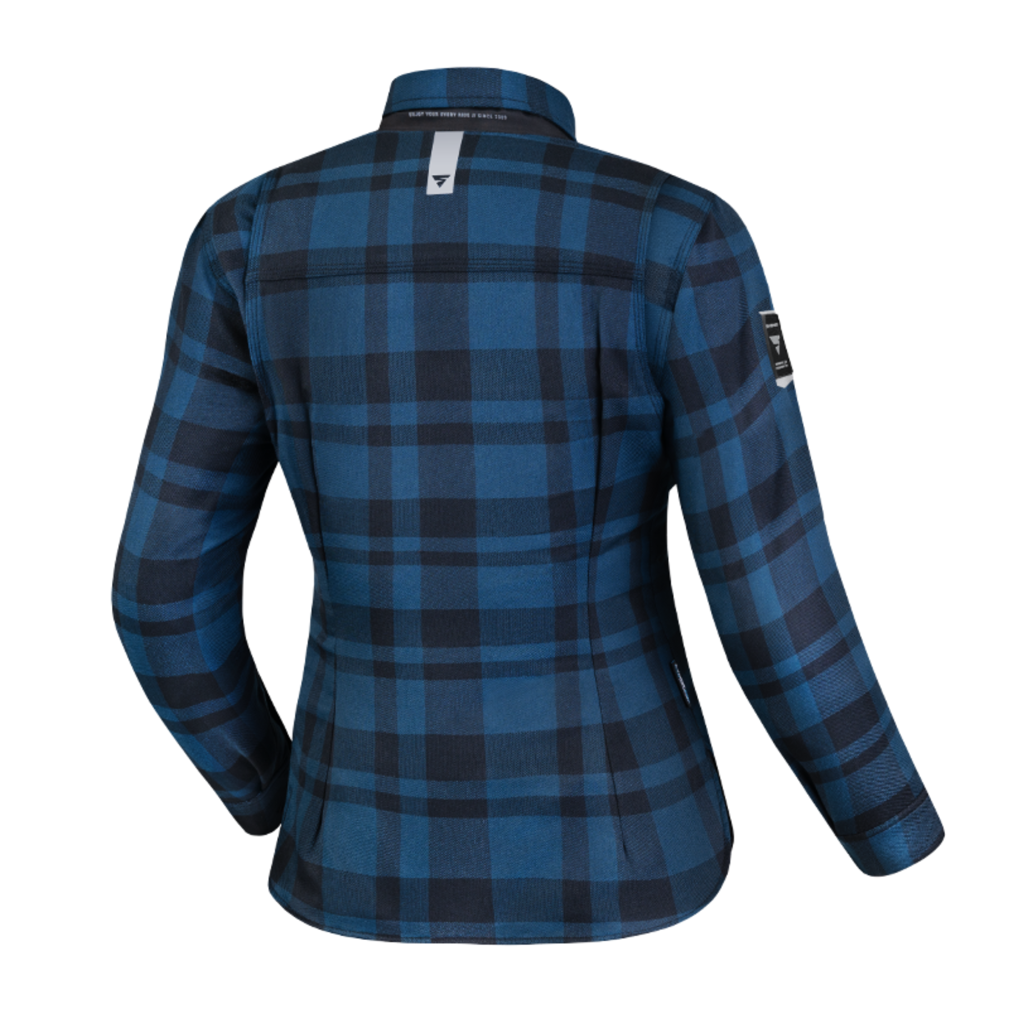 The back of Blue lumberjack women&#39;s motorcycle shirt from Shima