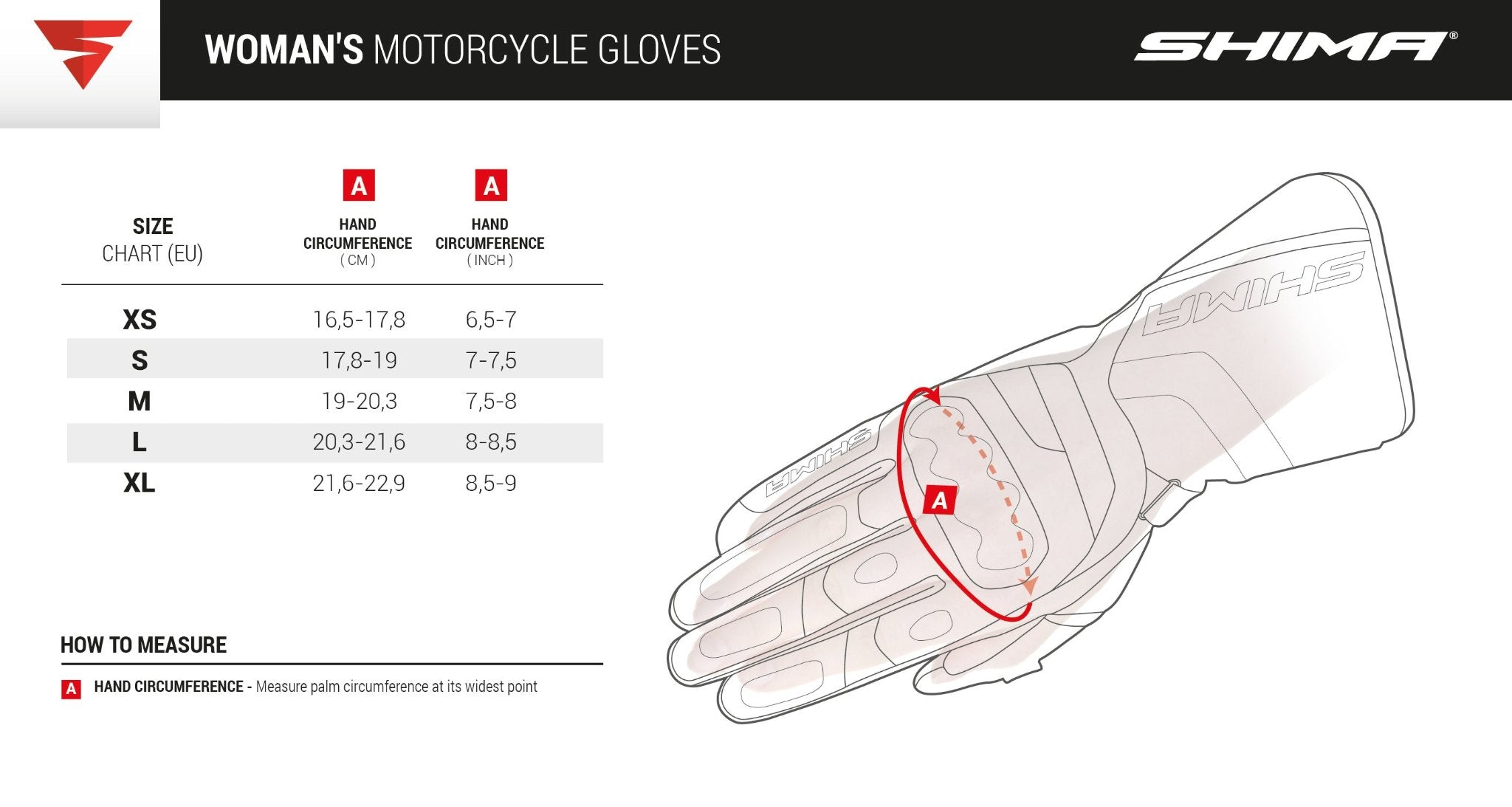 Size chart for female motorcycle gloves from Shima