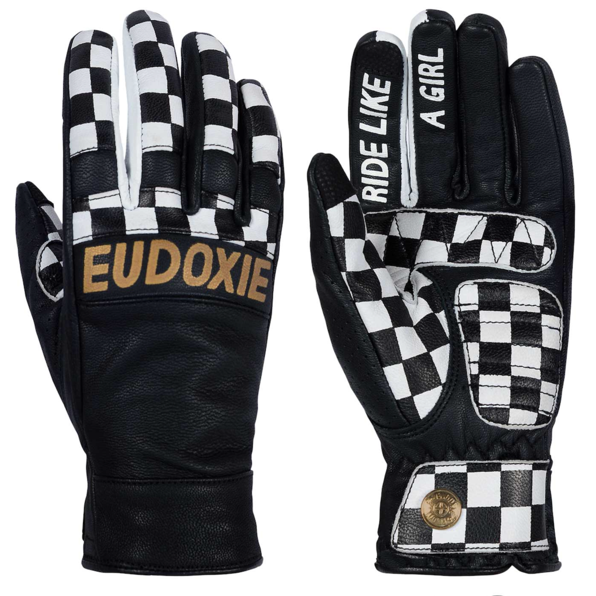 Black and white chessboard motives women&#39;s leather motorcycle gloves from Eudoxie