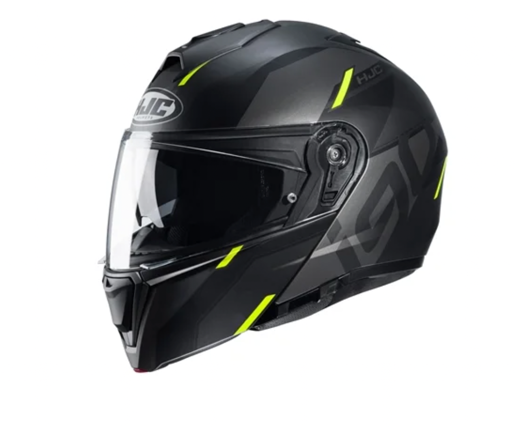 Grey helmet from HJC with neon green details