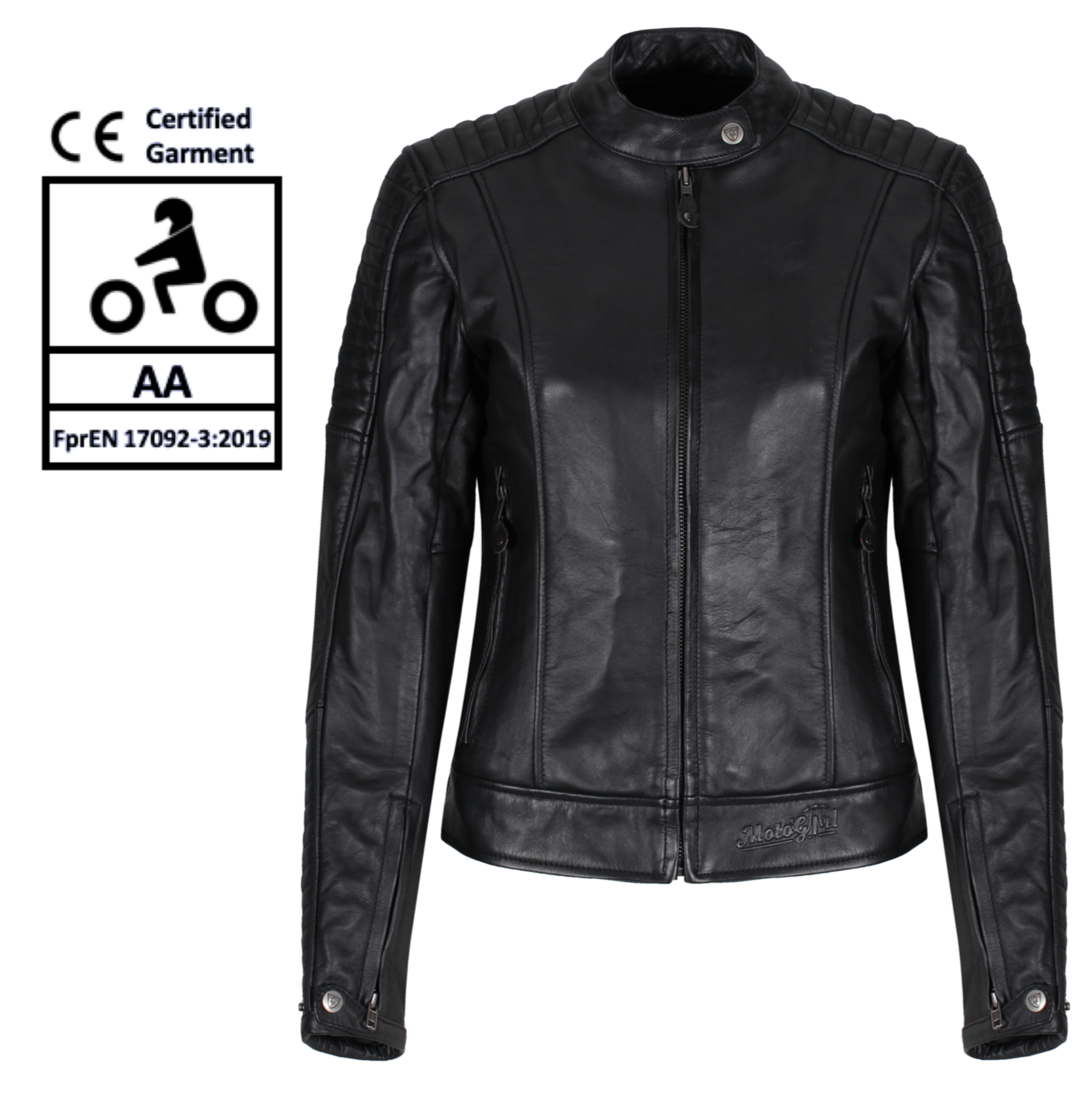 Black leather Valerie jacket with zipper from moto girl and safety certificate AA