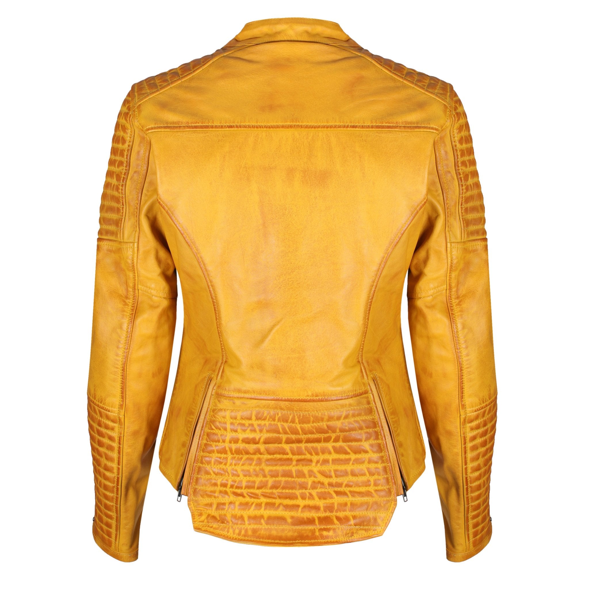 Back of yellow Valerie motorcycle leather jacket from Moto Girl