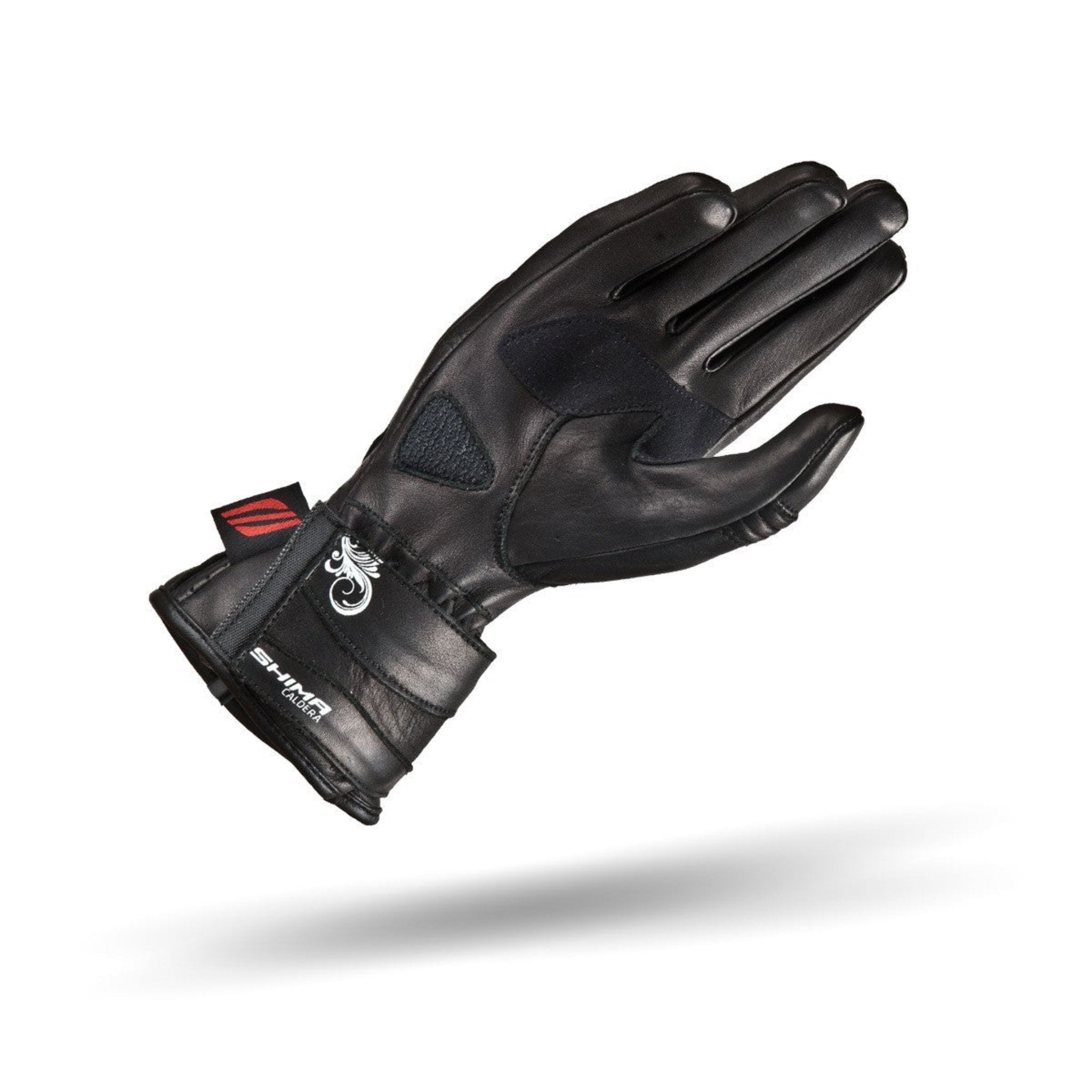 the palm side of a black short leather motorcycle glove from Shima