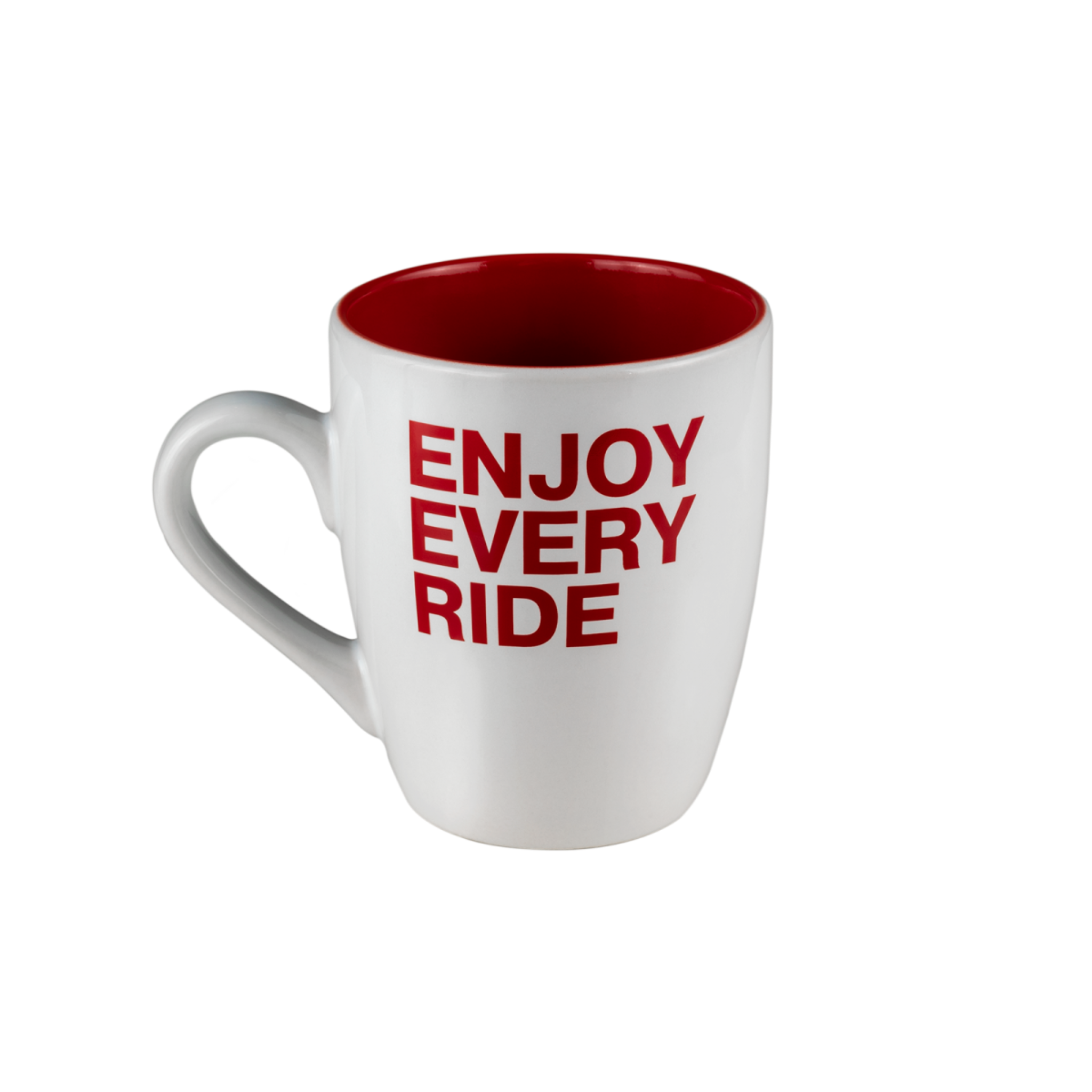 Red and white mug with enjoy every ride logo