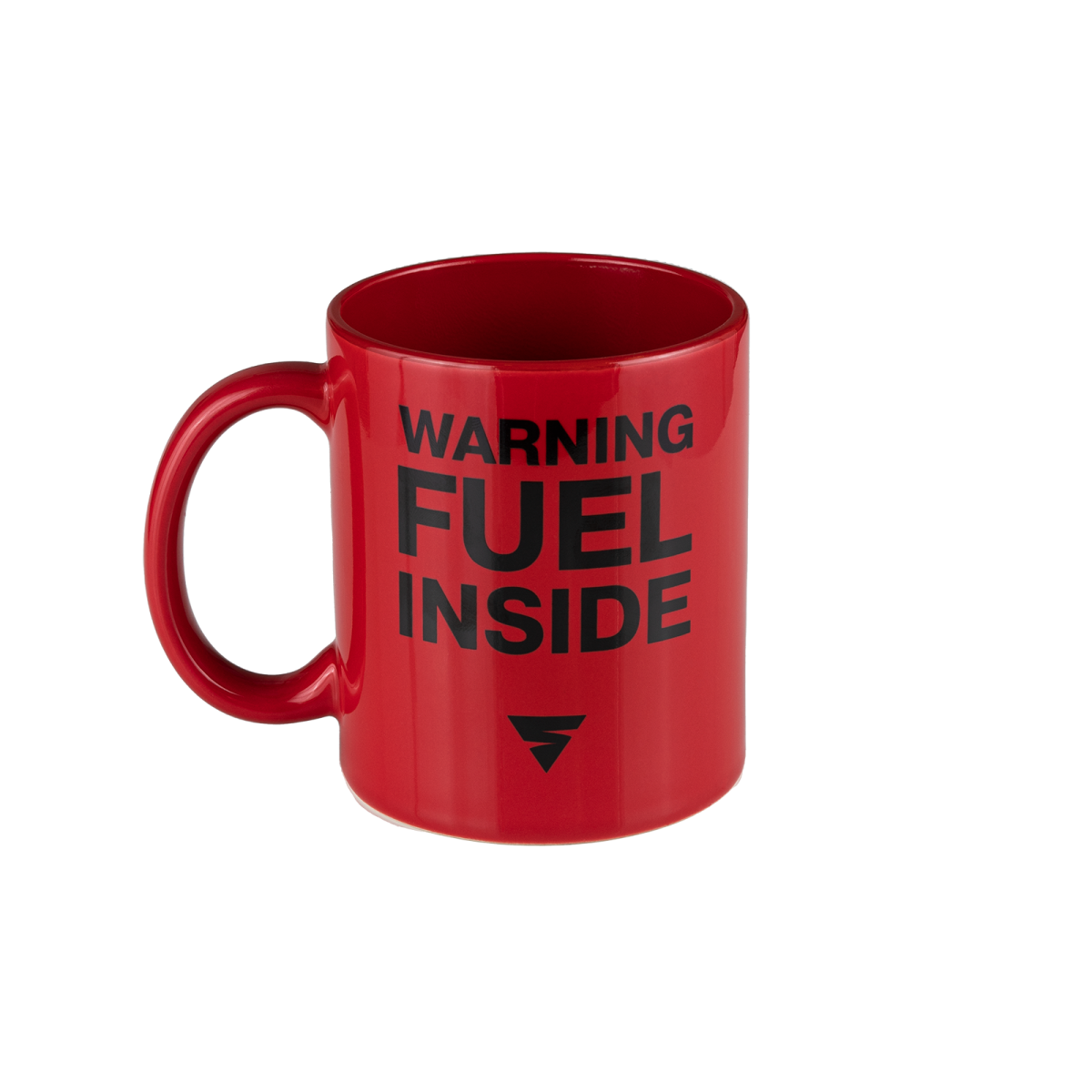 Red mug with &quot;warning - fuel inside&quot;text