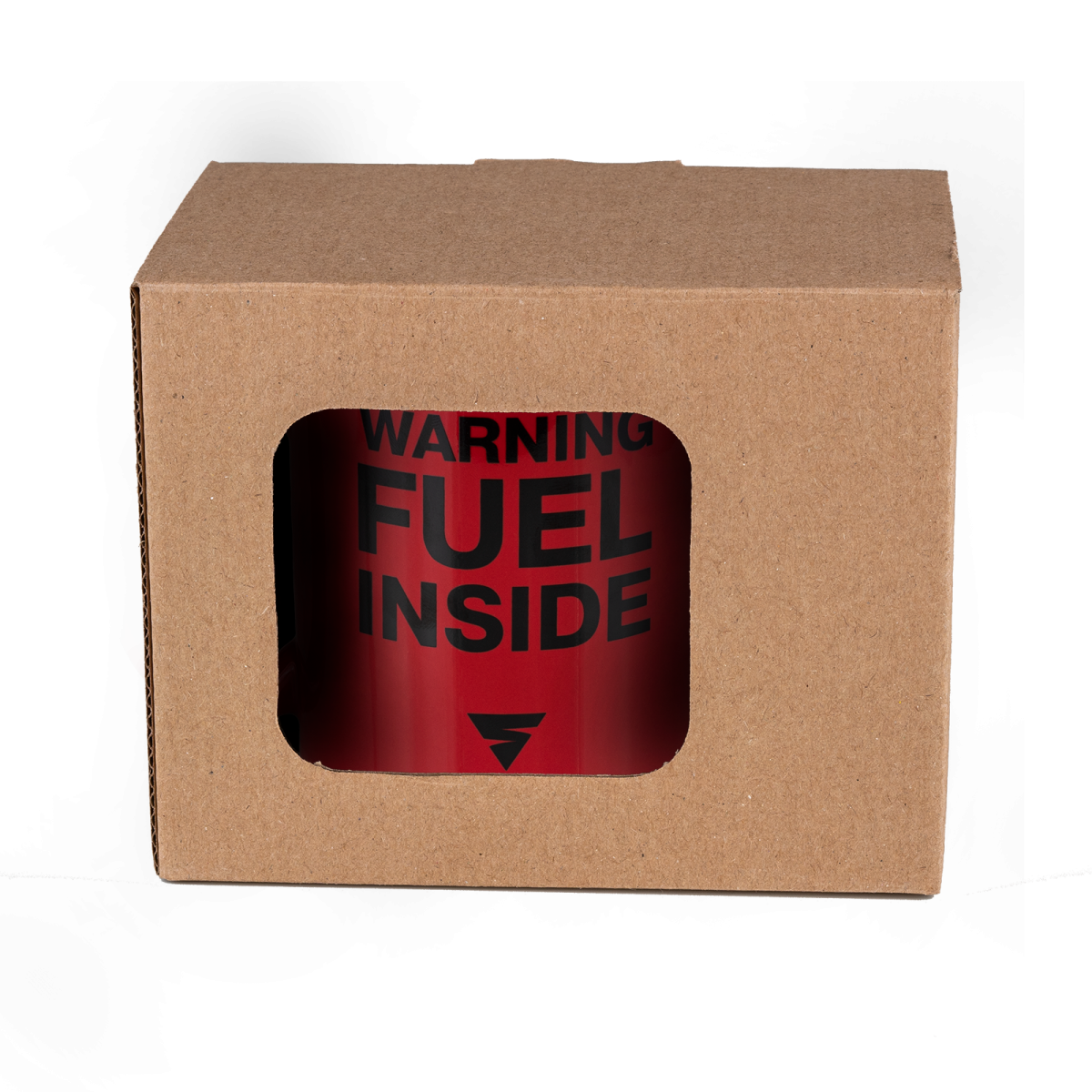 Red mug with &quot;warning fuel inside&quot;logo in a box