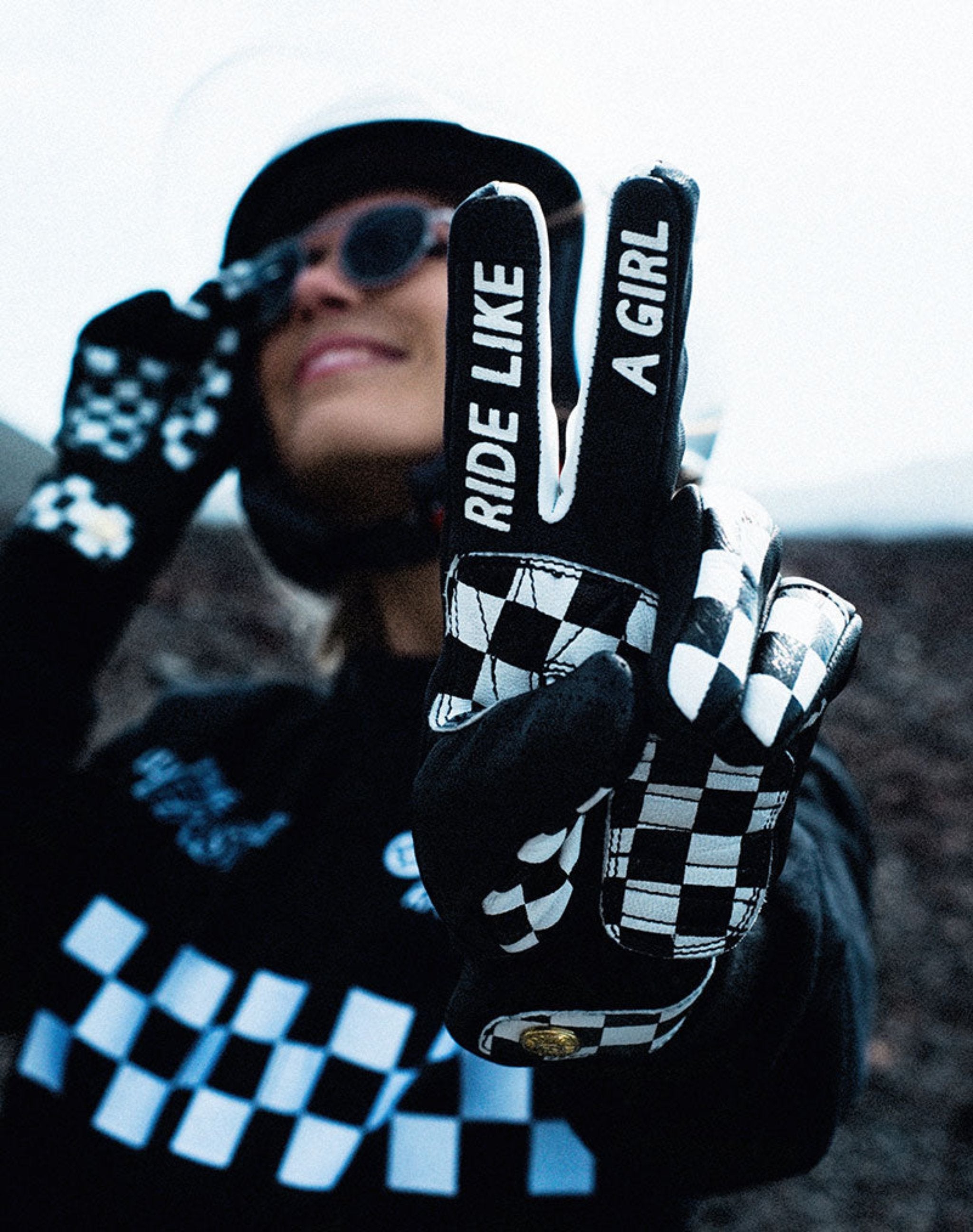 Ride like a girl text on the Black and white chessboard motives women's leather motorcycle gloves from Eudoxie