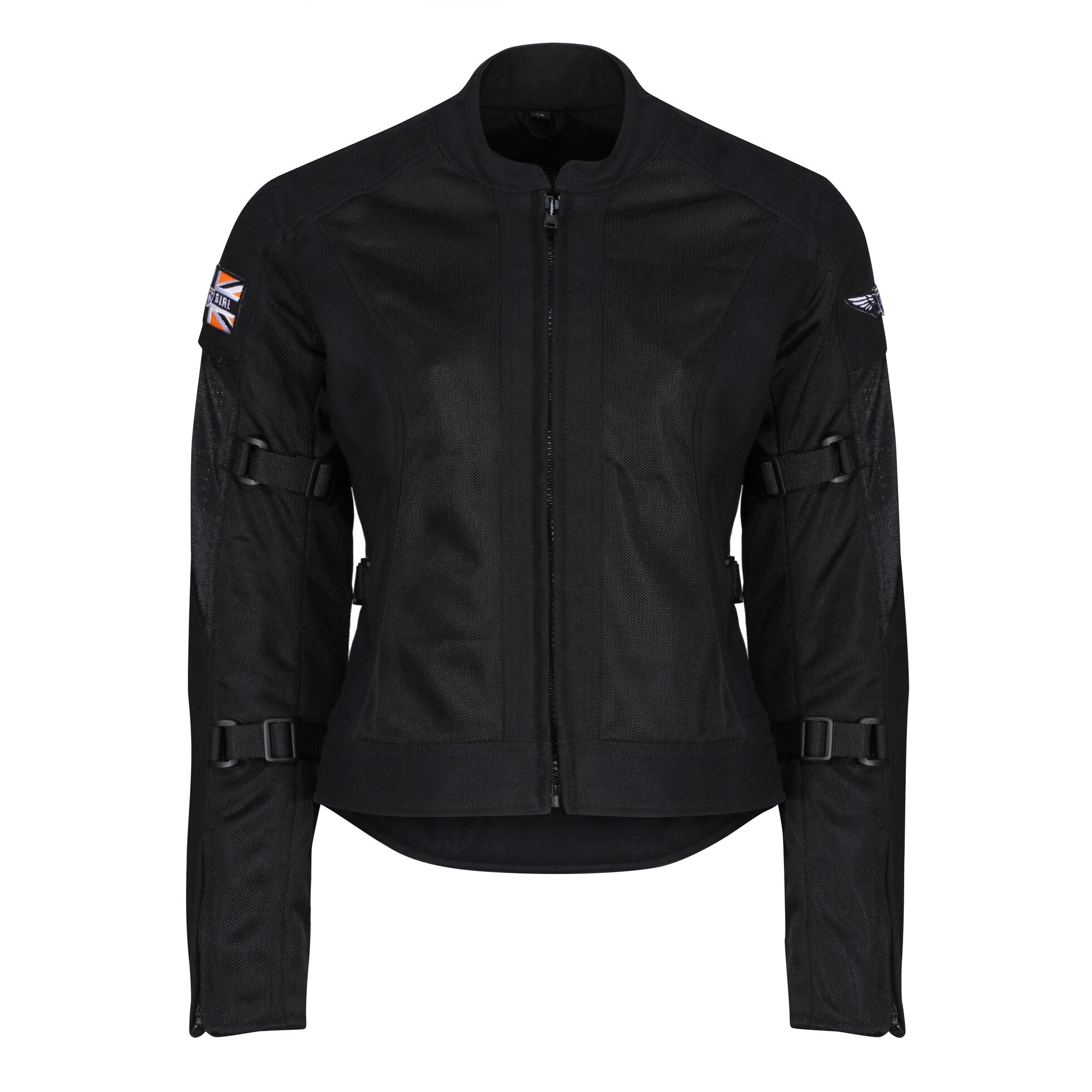 Black summer mesh women&#39;s motorcycle jacket with Motogirl patch
