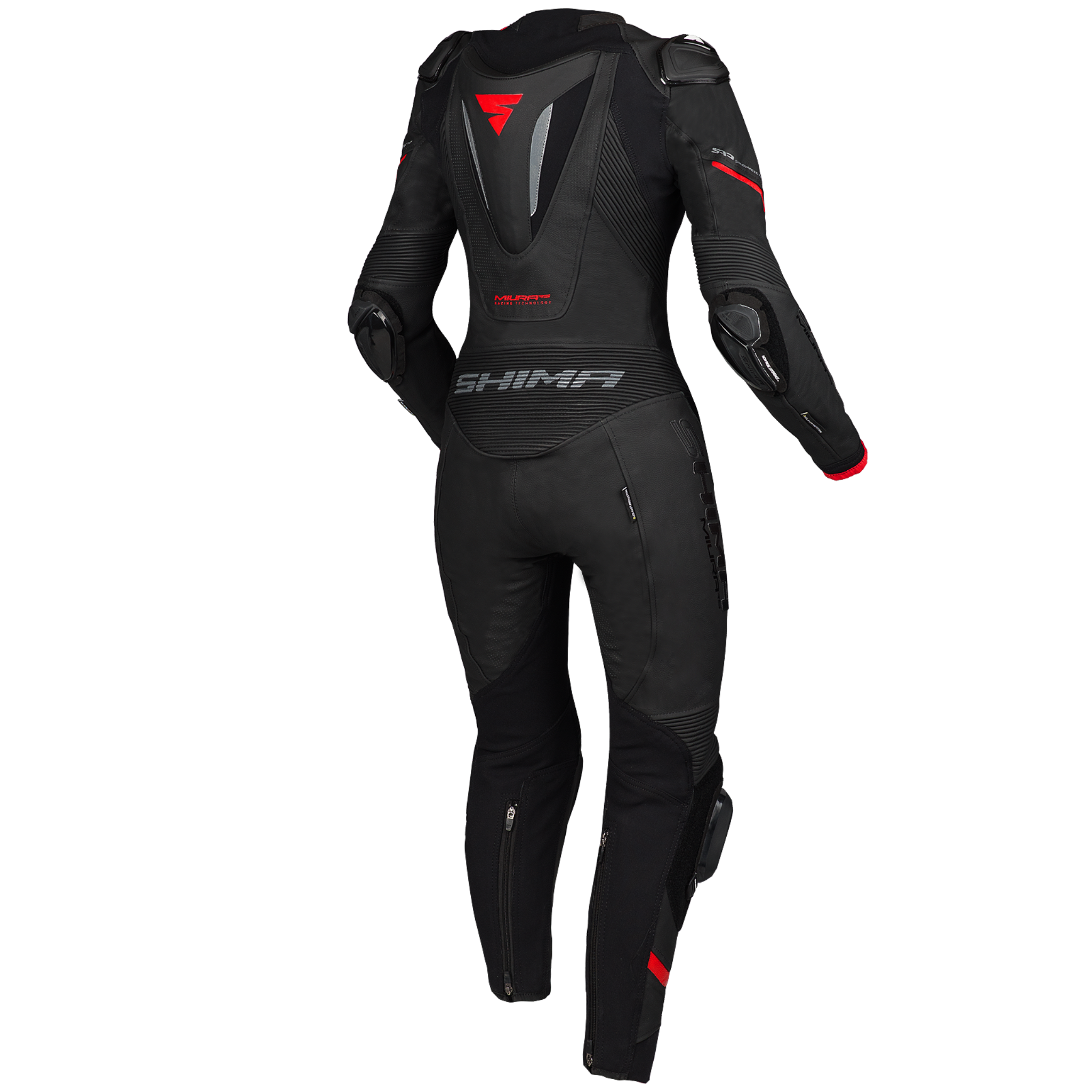 Black and red women&#39;s motorcycle racing suit from Shima from the back