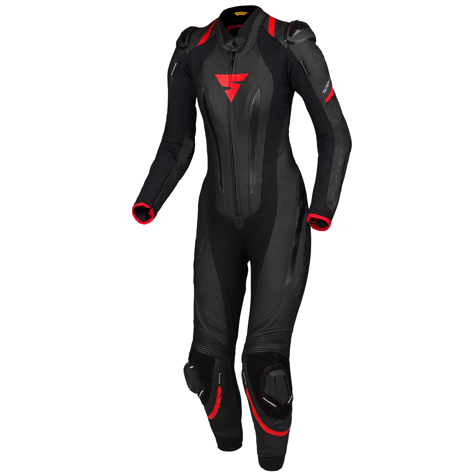 Black and red women's motorcycle racing suit from Shima from the front