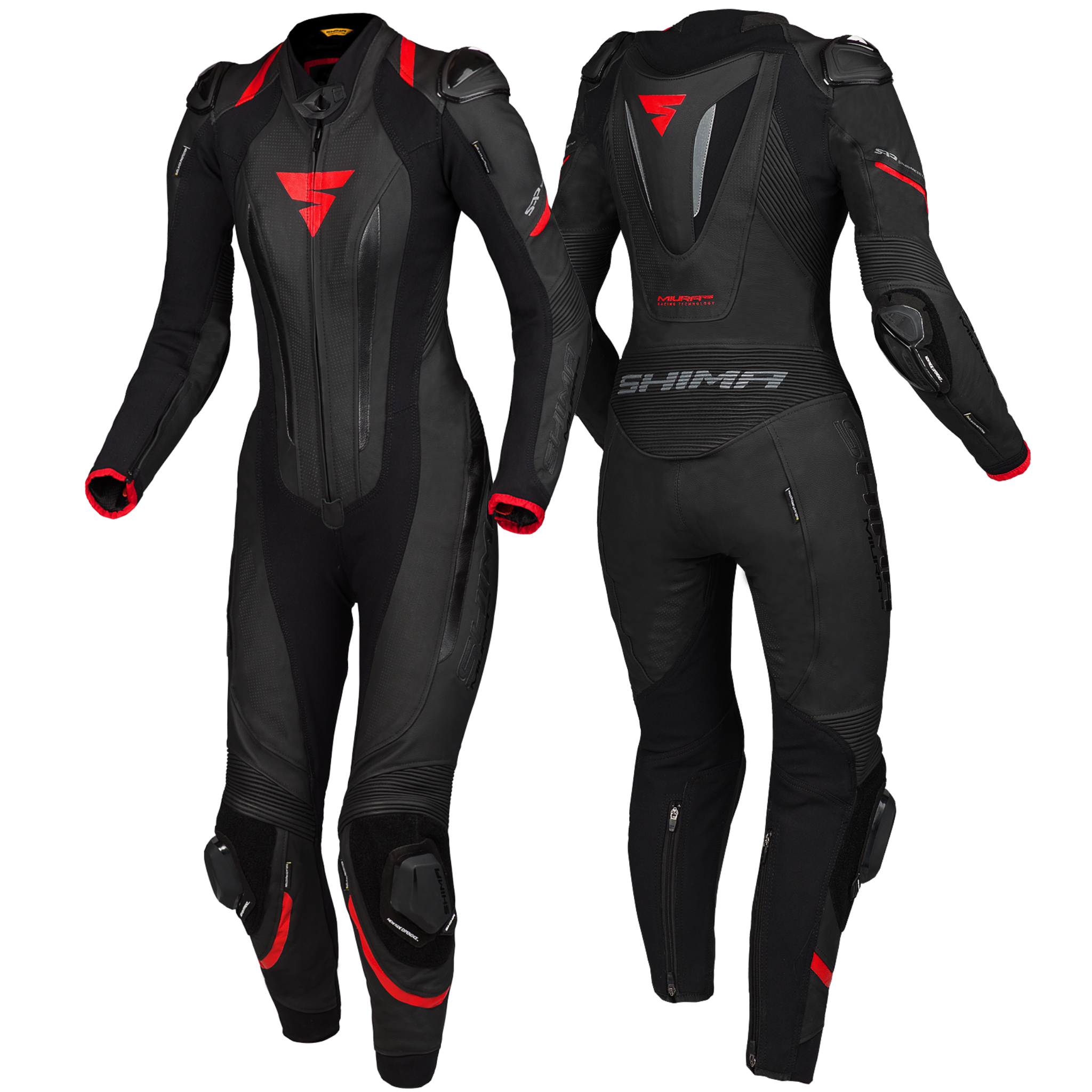 Black and red women's motorcycle racing suit from Shima