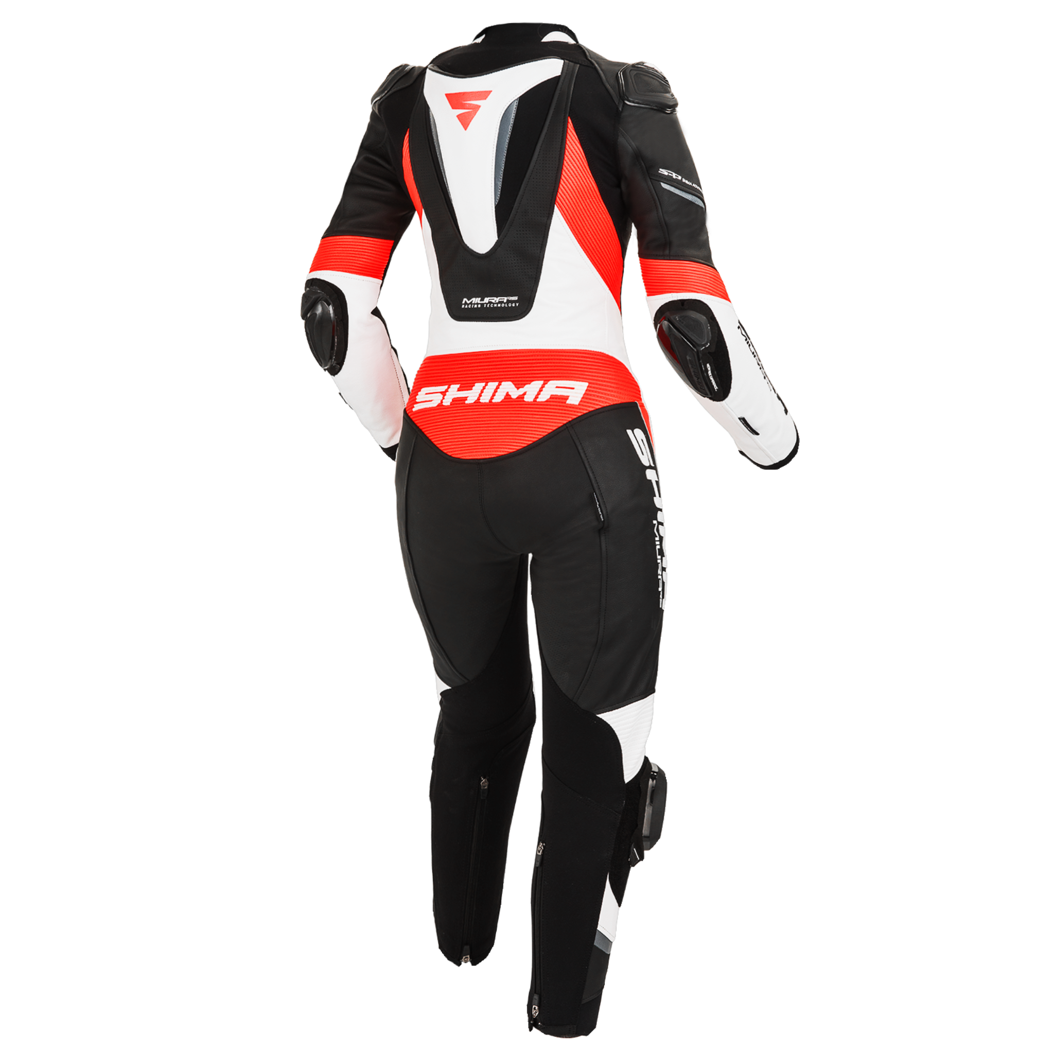 The back of Women&#39;s racing suit MIURA RS in black, white and fluo from Shima 