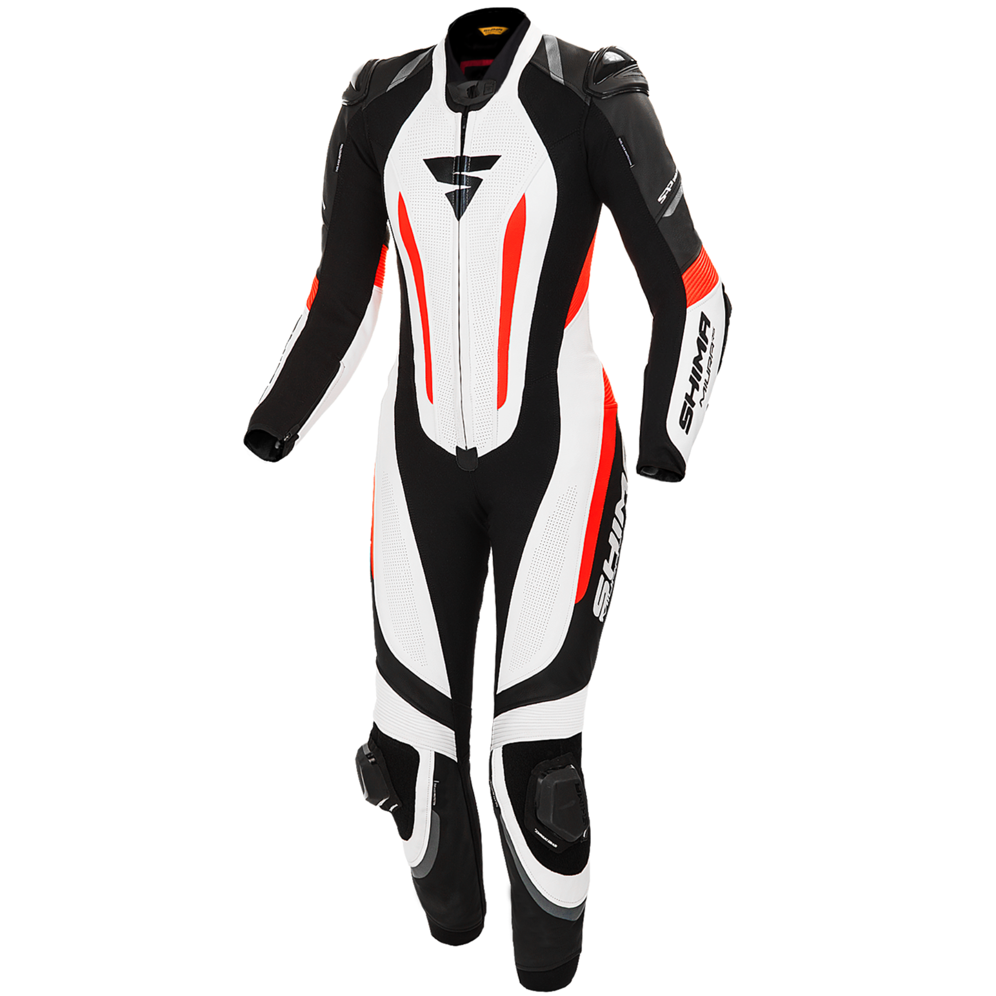 The front of Women's racing suit MIURA RS in black, white and fluo from Shima 