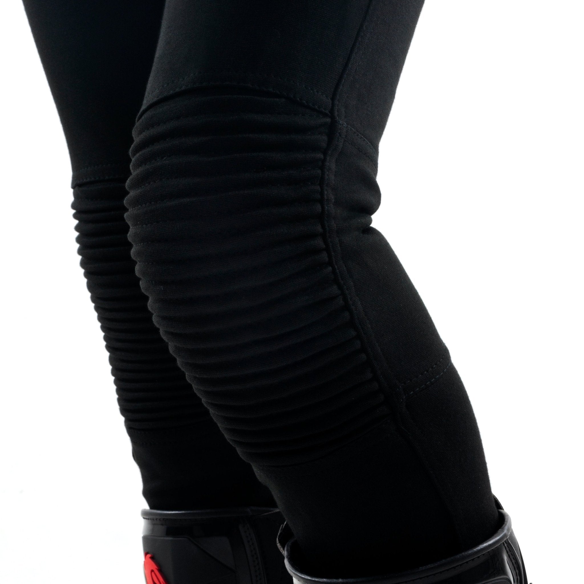 Black women&#39;s motorcycle ribbed knee design leggings  from MotoGirl close up photo of a knee