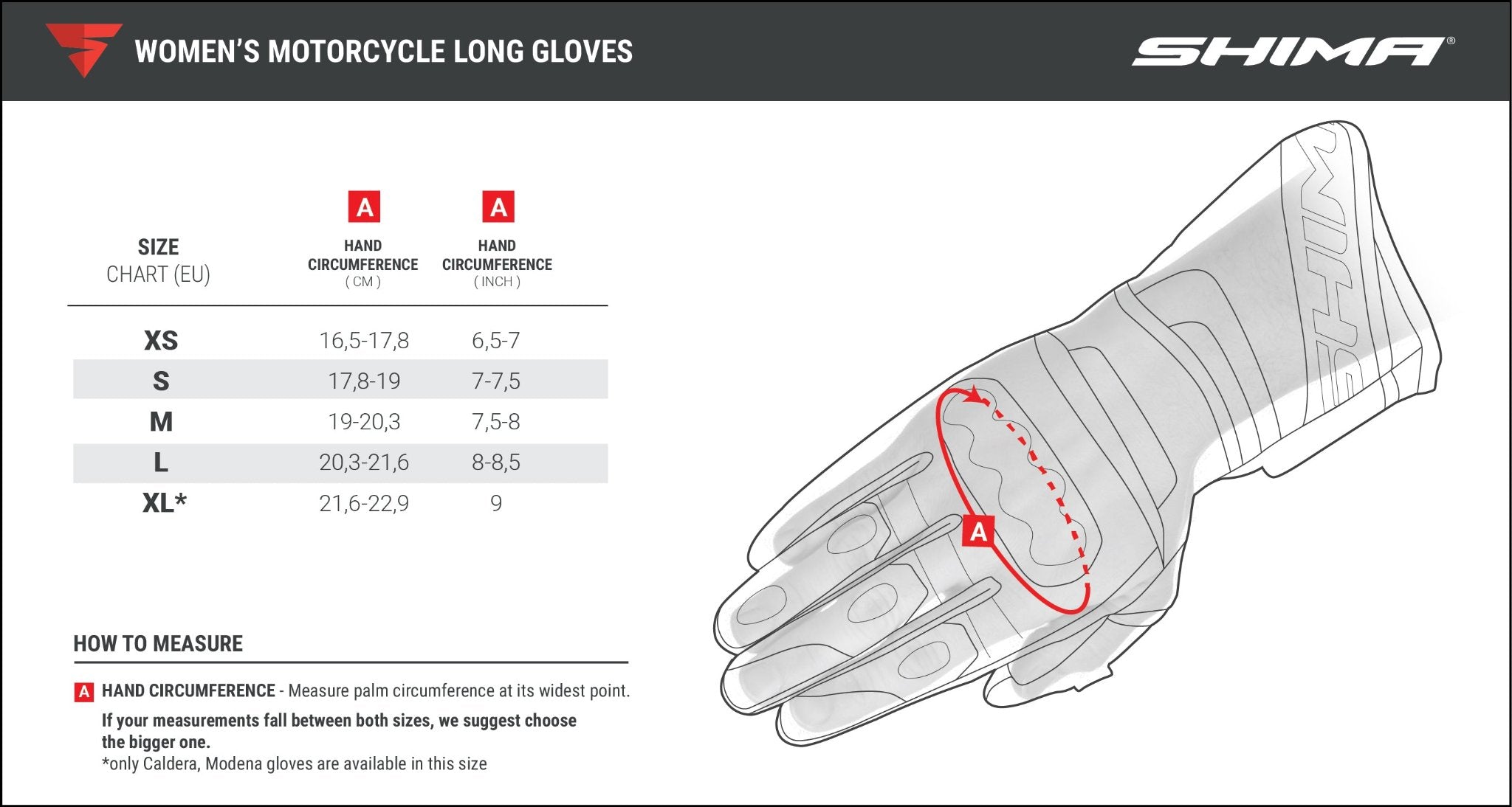 Sizeguide for motorcycle glove from Shima