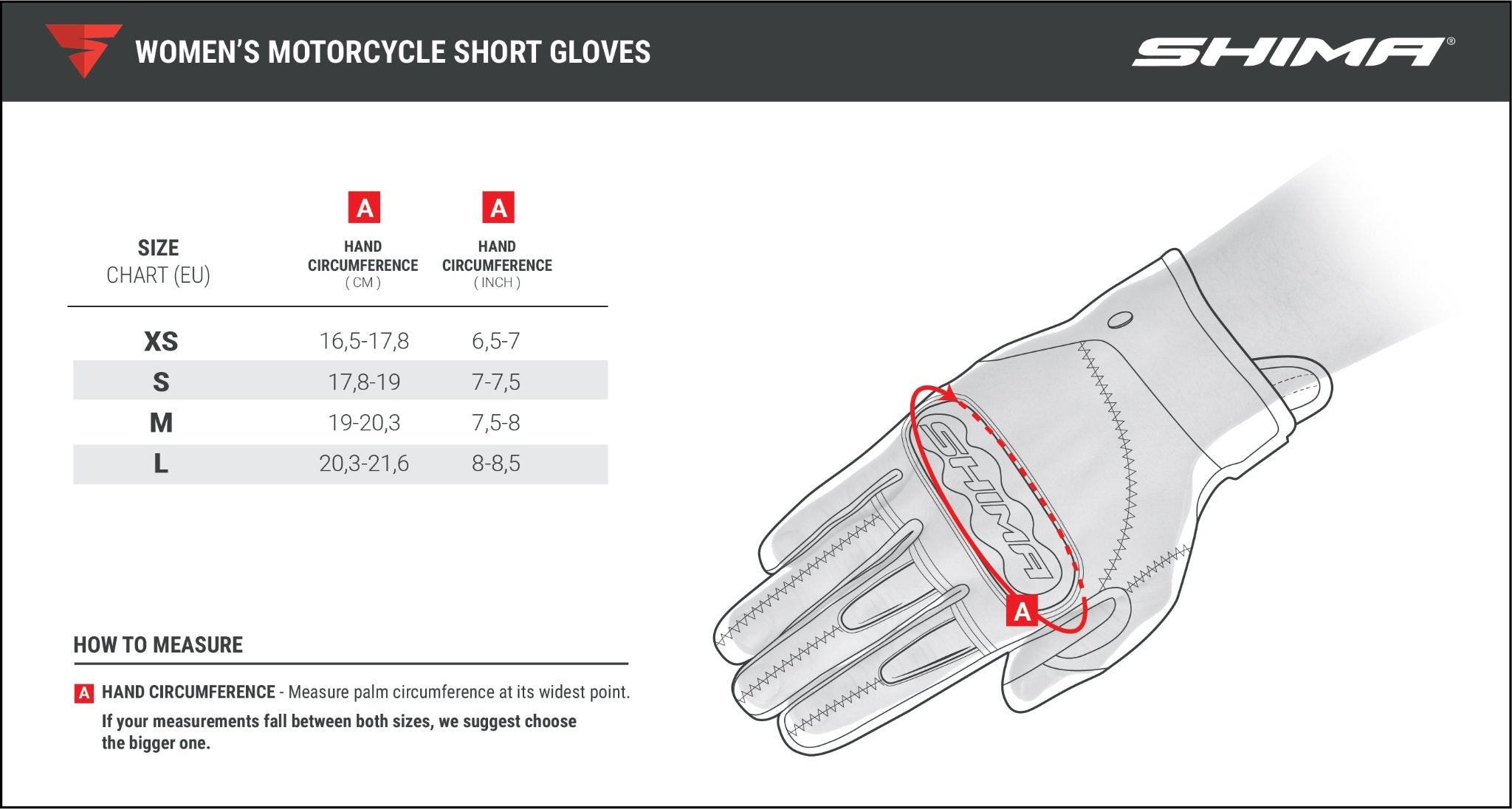 Size chart for short female motorcycle gloves from Shima