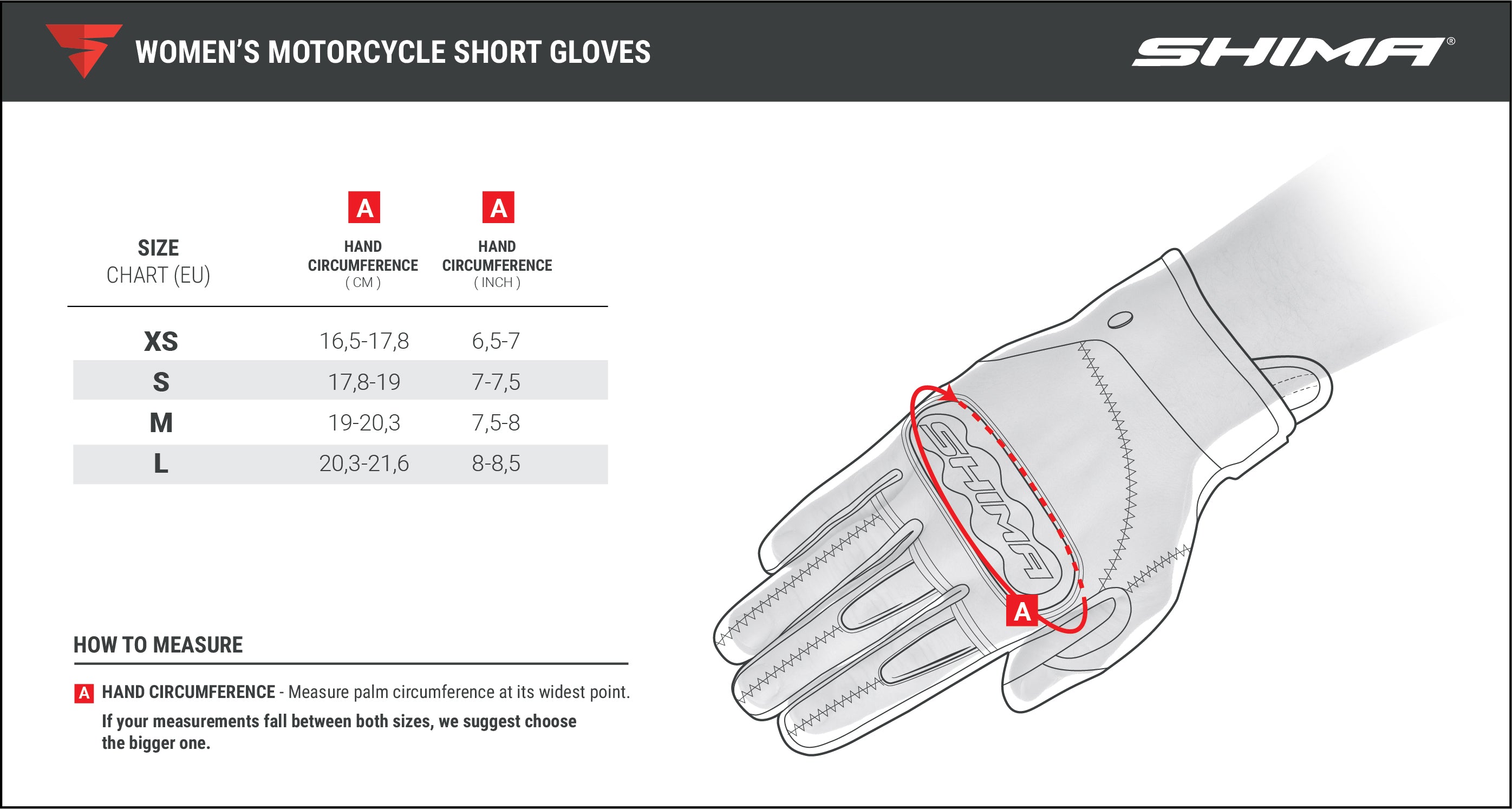 Sie chart of women&#39;s short motorcycle gloves from Shima